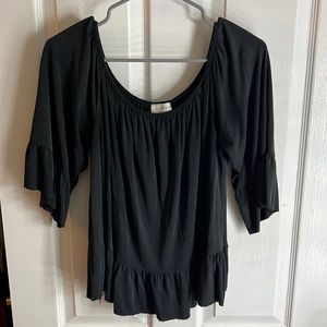 Black off shoulder quarter sleeve ruffle sleeved top